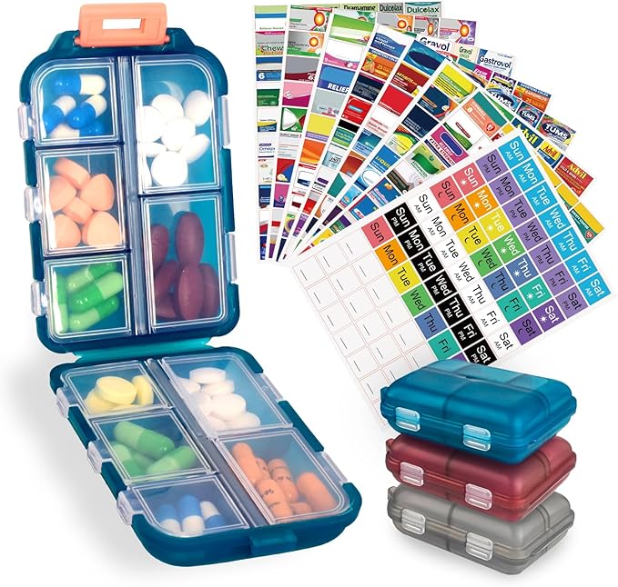 3 Pack Pill Organizer Travel Case - 10 Compartments Large Weekly Pill Container with 420 Labels, Double Lock Design, Portable for Home/Travel/Purse