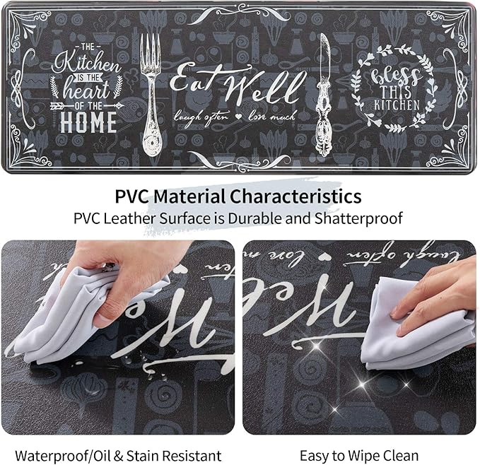 Asrug Kitchen Mats for Floor, Anti Fatigue Comfort Kitchen Standing Desk Mat, Floor Pad Kitchen Rug Waterproof Stain Resistance Non Slip Kitchen Set of 2, 17.3''x27.6''+17.3''x47.2'', Eat Well