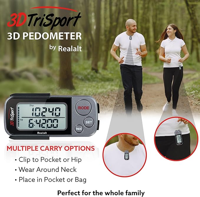 Realalt 3DTriSport 3D Walking Pedometer with Clip & Strap, Accurate Step Counter with 30-Day Memory, Distance in Miles/KM with Large Display Perfect for Seniors & Beginners, eBook Included