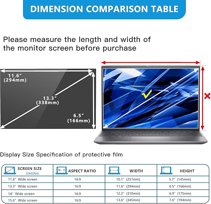 FILMEXT Laptop Privacy Screen 13.3", Privacy Screen Filter for Laptop 13.3" Asus/ 13.3" Acer/13.3 HP/Dell/Toshiba 16:9, Anti-Spy,Anti-Glare,Blocks 99% UV & Blue Light -Matte Privacy Screen Protector