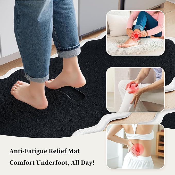 Scalloped Black White Kitchen Mats Rugs Sets of 2 Cushioned Anti Fatigue Floor Mat Waterproof Kitchen Rugs Non Slip Foam Comfort Standing Mat for Sink Laundry