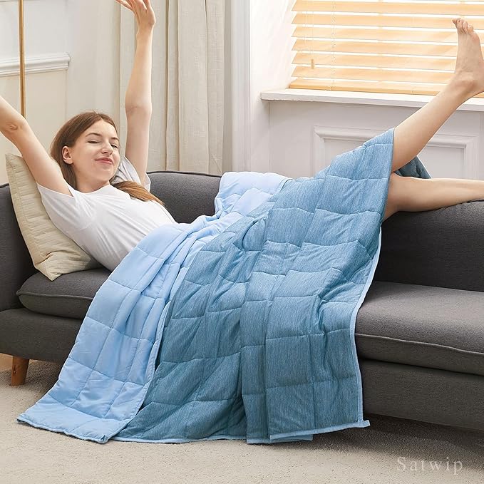 Satwip Cooling Weighted Blanket Queen Size 15 lbs Cool Moire Jersey Bed Blanket for Hot Sleeper with Soft Breathable Sanded, 60 x 80 inches, Blue