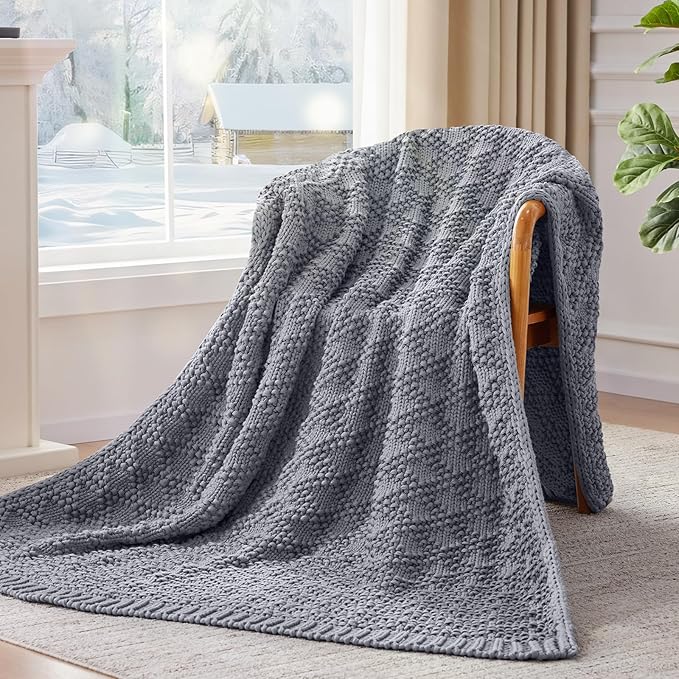 Knitted Weighted Blanket for Adult, Chunky Knit Weighted Throw for Sleep 60"*80" 20lbs, Cooling Breathable Machine Washable Heavy Blanket for Room Decor (Light Grey, Queen)