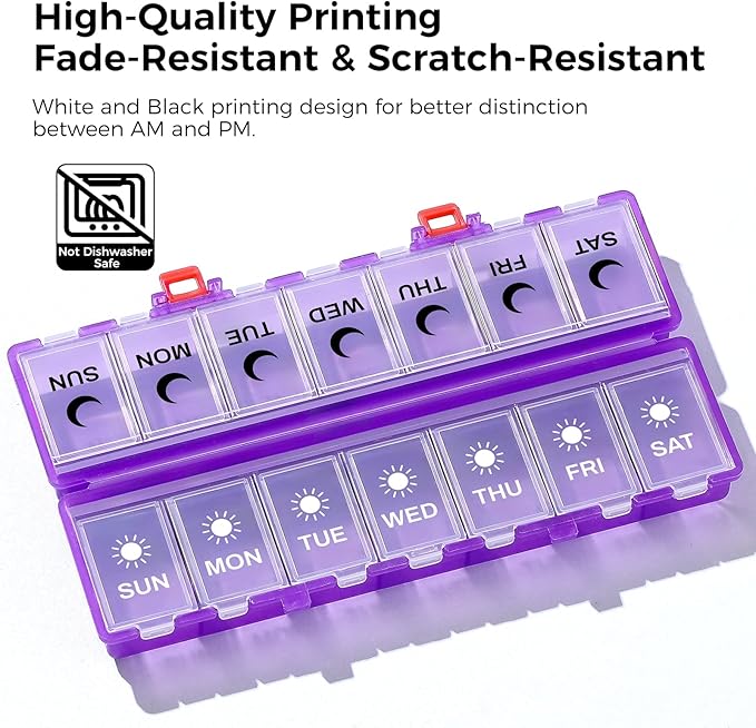 Foldable Pill Organizer Weekly 2 Times a Day, 7 Day Portable AM PM Travel Pill Case with Black&White Labels, Dual-Protection Daily Medicine Box, Large Pill Holder for Vitamin/Supplement-Clear Purple