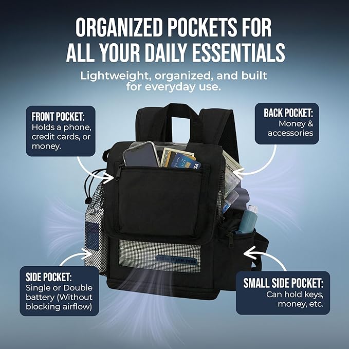 O2TOTES Premium Backpack – Fits Inogen One G5 & Inogen Rove 6, Lightweight with Padded Straps & Zippered Bottom