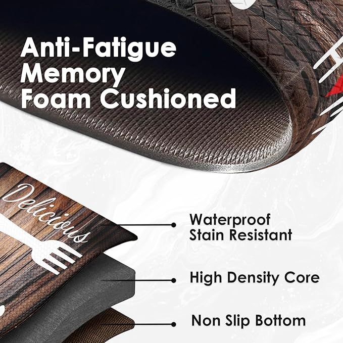 Arttown Brown Farmhouse Anti-Fatigue Kitchen Rug Set of 2 Knife Fork Home Wooden Vintage Cushioned Floor Standing Mat Waterproof Non-Slip Kitchen Mat and PVC Ergonomic Comfort Foam Rug
