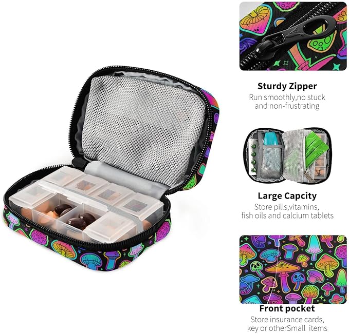 Pill Box Mushroom Colorful 7 Day Pill Case Travel Pill Organizer Bag with Zipper Portable Weekly Vitamin Medicine Supplement Holder Pouch Bag