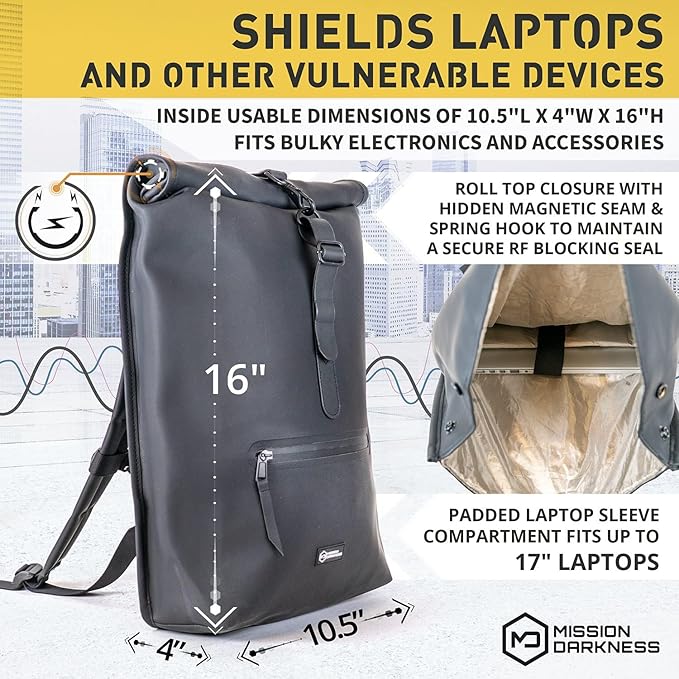 Mission Darkness FreeRoam Faraday Backpack // Stylish Bag with Durable Water-resistant Exterior, RF Blocking Liner, Padded Laptop Compartment, Device Isolation, Anti-tracking, EMF Shielding