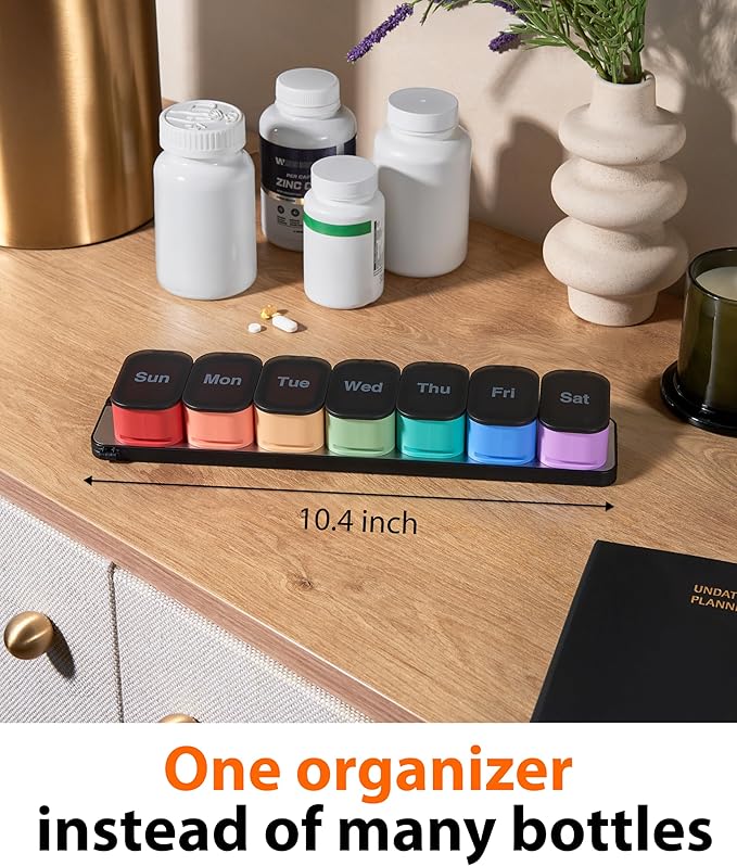 Pill Box 7 Day – Weekly Pill Organizer with Magnetic Detachable Compartments, 1 Time a Day for Vitamins & Supplements, Easy-Open Lids, Color-Coded Daily Containers with Easy-to-Read Day Markings
