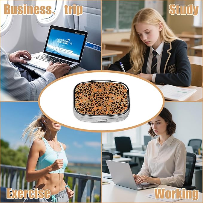Pill Box-2 Compartment Small Pill Case Square Organizer Case with Mirror Portable Metal Medicine Box Travel Container for Pocket & Purse Women Men(Brown Leopard)