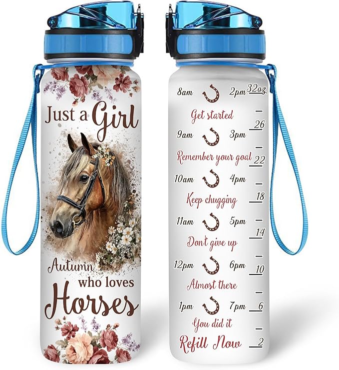 Hyturtle Personalized Just A Girl Who Loves Horses 32Oz Liter Motivational Water Bottle, Customized Name With Time Marker, Gifts For Women, Gifts For Horse Lovers On Birthday, Mother's Day