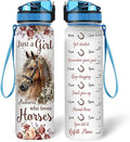 Hyturtle Personalized Just A Girl Who Loves Horses 32Oz Liter Motivational Water Bottle, Customized Name With Time Marker, Gifts For Women, Gifts For Horse Lovers On Birthday, Mother's Day