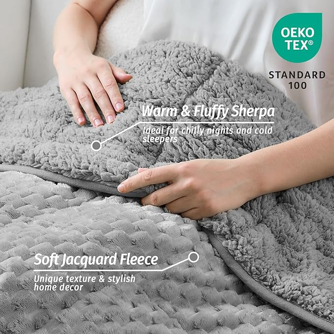 Wemore Fleece Weighted Blanket for Adults (48" x 72" 12lbs, Grey), Dual Sided Cozy Soft Sherpa Heavy Blanket, 3D Imitation Turtle Shell Warm Jacquard Flannel Weighted Blankets for Couch and Bed