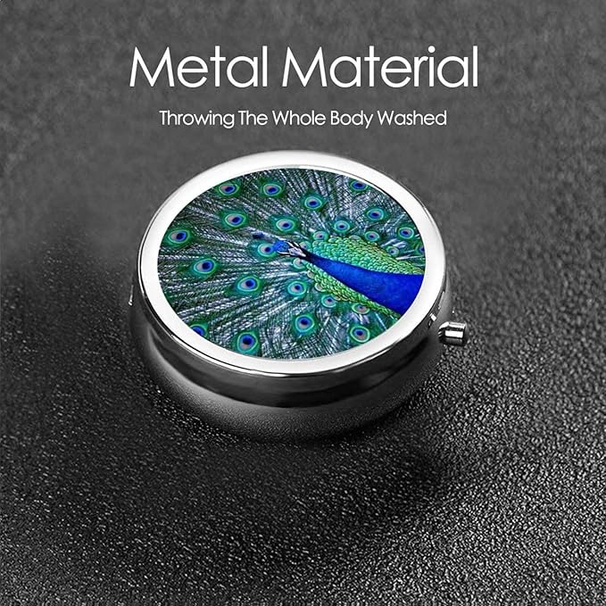 Men Women Round Pill Box Medicine Pill Case, Peacock Feather with Eye Birds Portable Medicine Tablet Vitamin Holder Organizer for Purse Pocket Travel Gift