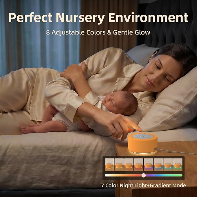 Kipcush White Noise Machine - Soft Non-Glare Nursery Lamp, 30 Soothing Sounds, 8 Color Lights, Max 8-Hour Timer for Baby & Adults (Orange, Standard)