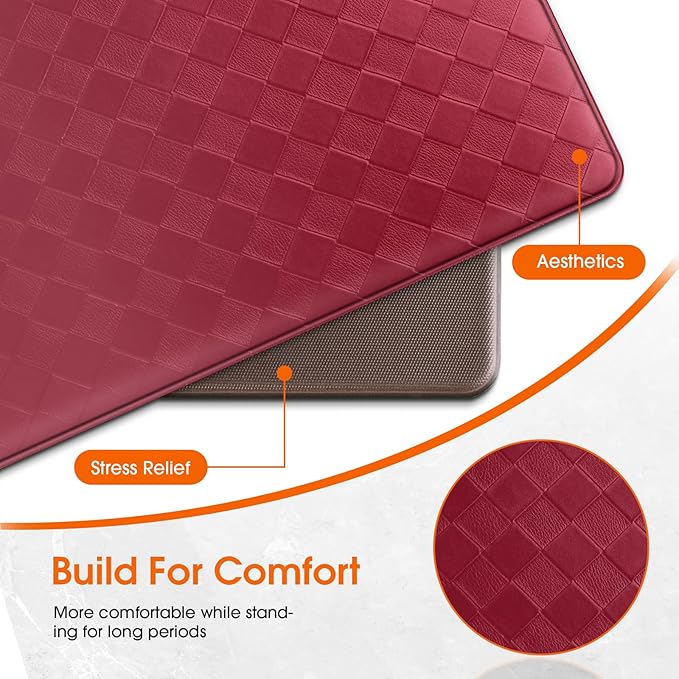 Kitchen Mats, 2PCS Kitchen Rugs, Cushioned Anti Fatigue Kitchen Mats for Floor, Non-Slip Standing Desk Mat, Waterproof Kitchen Rug Set for Kitchen, Floor, Office,17.3"×30"+17.3"×47",Red