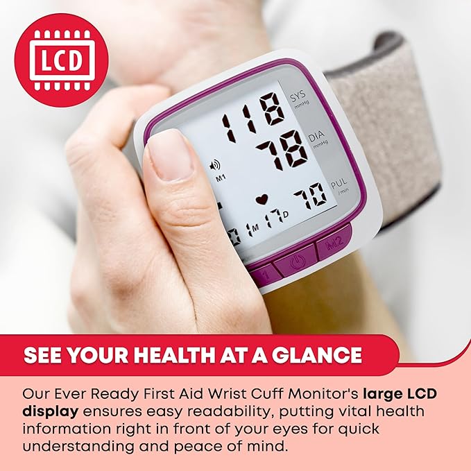Ever Ready First Aid Fully Automatic Blood Pressure Wrist Cuff Watch Wearable Monitor for Home Use - Purple - Batteries Included