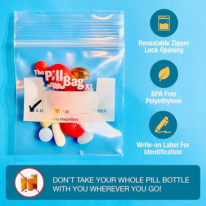 Medicine Pill Organizer, Labels for AM/PM, Resealable, Portable, Disposable Pouches for Medicine, Vitamins, Gummies,Plastic Pill Bags for Travel, Walks XL Size |100 Count (2 Packs of 50)