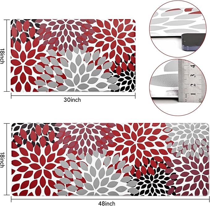Likiyol Kitchen Rugs Boho Floral Kitchen Mats for Floor Flower Anti Fatigue Mats for Kitchen Floor Cushioned Non Slip Washable Kitchen Mat for Home, Sink, 18''x30''+18''x48'', (Red)