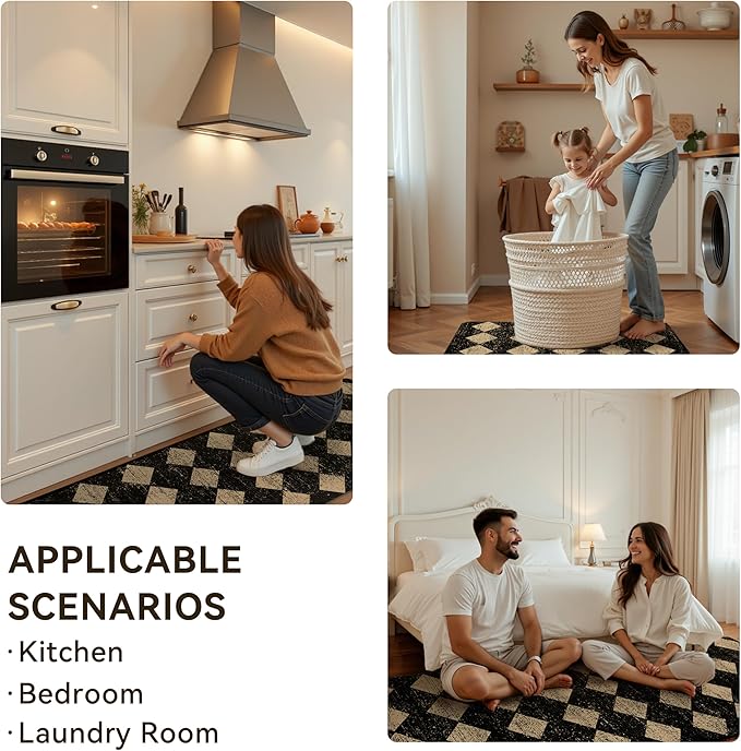 Black Brown Moroccan Trellis Checkered Kitchen Rug Sets [2 PCs], Anti-Fatigue, Waterproof Non-Slip Kitchen Mats Heavy Duty Ergonomic Comfort Foam Rug for Floor, Home, Laundry,17"x29"+17"x47"