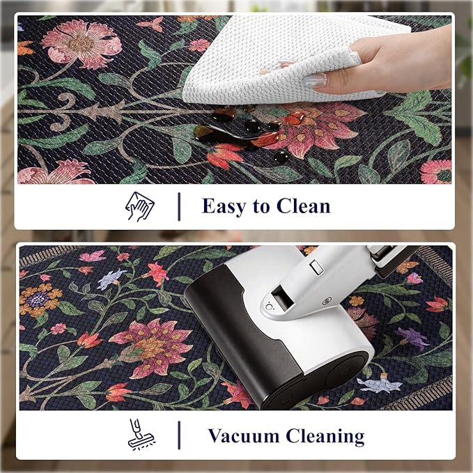 Collive Anti Fatigue Kitchen Mats, Cushioned Kitchen Rugs Set of 2 Waterproof Non Slip Desk Mat, Comfort Standing Rug Vintage Floral Carpet for Office, Sink, Laundry, 17.3"x29"+17.3"x47", Purple/Blue