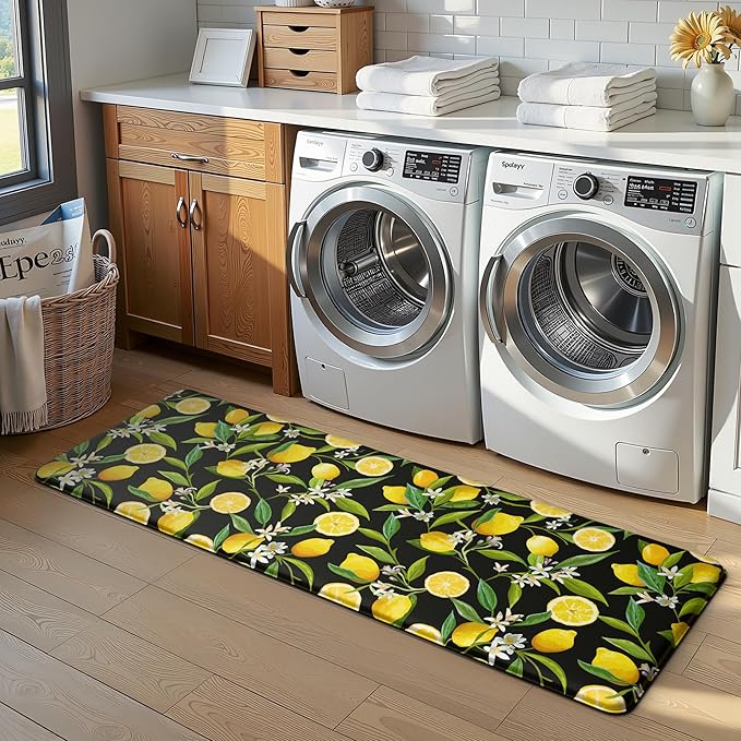 MAYHMYO Lemon Kitchen Mat Set of 2 - Anti Fatigue Mats for Kitchen Floor - Non Slip Cushioned Rugs for Standing - Lemon Decor (17.3"×29"+17.3"×47"-0.4") Black