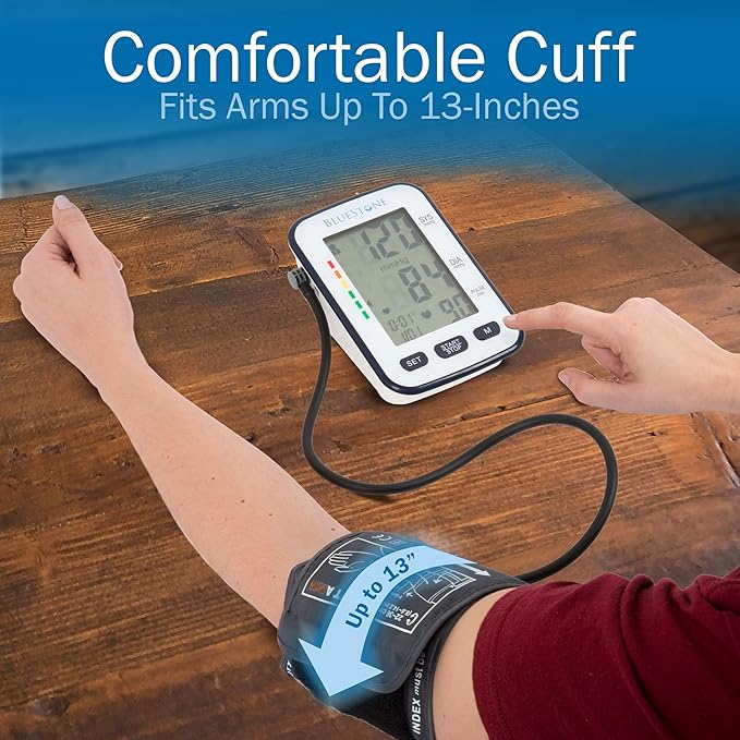 Bluestone Automatic Blood Pressure Cuff - Electronic Digital Blood Pressure Cuff Wrist and Upper Arm Heart Monitor with LCD Screen - Personal Health Tracking Device for Hypertension