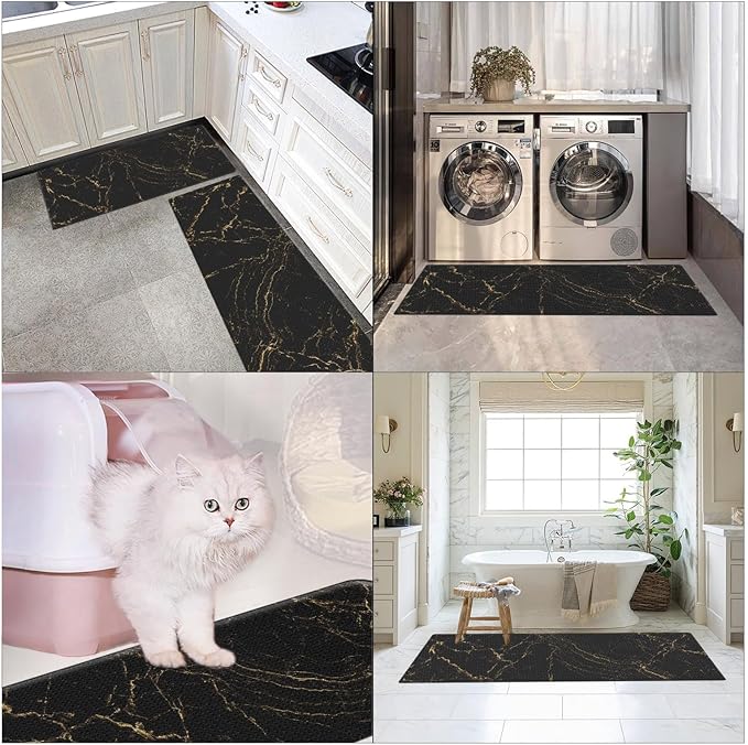 Arttown Anti-Fatigue Kitchen Rug Set of 2 Marble Black Gold Abstract Cushioned Floor Mat, Standing Waterproof Non-Slip Mat and PVC Ergonomic Comfort Foam Rug for Kitchen