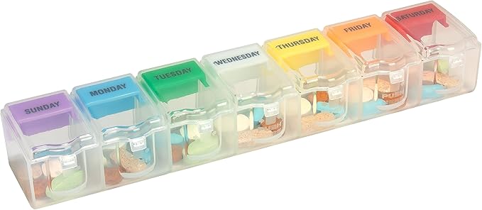EZY DOSE Weekly (7-Day) Pill Planner, Medicine Case, Vitamin Organizer Box, 2X-Large Push N' Pop Open Compartments, BPA-Free, Rainbow/Clear Design