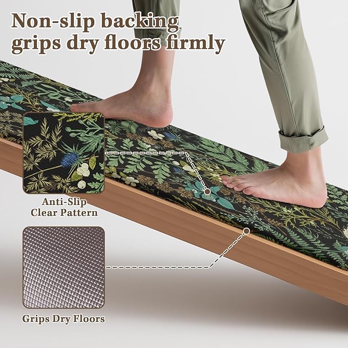 Arttown Kitchen Mats for Floor 2Pcs-Anti Fatigue Non Slip Mats for Kitchen Floor, Cushioned Waterproof & Stain-Resistant Plant Floral Mat Set, Laundry Room, Office, Sink, Desk (Green)