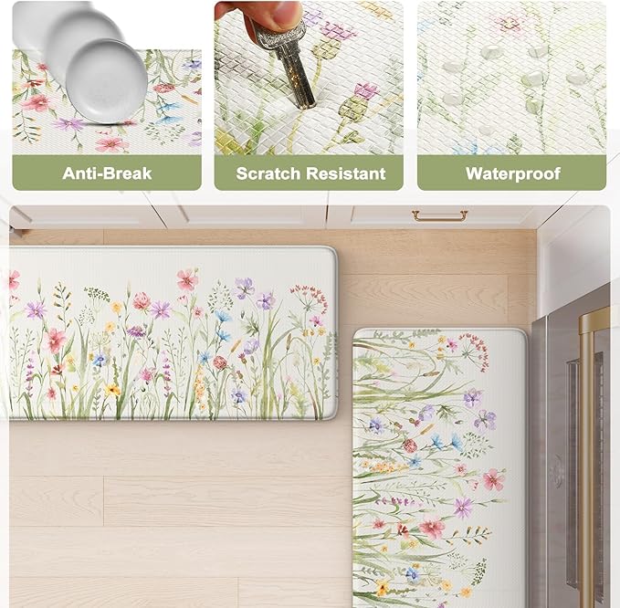 KIMODE Anti Fatigue Mats for Kitchen Floor, 20"x39" White Floral Kitchen Rug, Cushioned Kitchen Floor Mat Non Slip, Memory Foam Standing Mat for Sink Laundry Office Desk