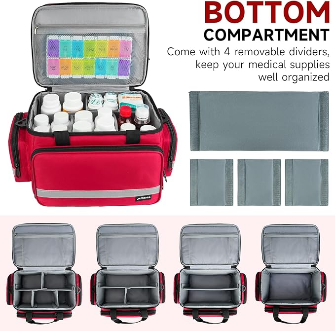 Large Pill Bottle Organizer, Double Layers Medicine Storage Bag with Lockable Zippers and Shoulder Strap,Medication Travel Bag for Prescription Bottles, Vitamins & Medical Supplies, Red (Bag Only)