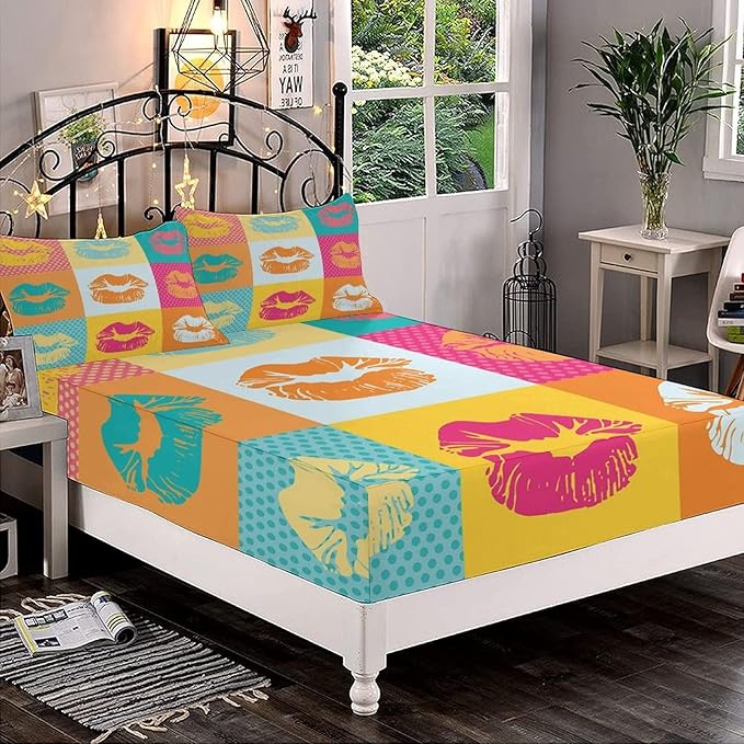 XISUNYA Decorative Bedding Sheet Set Cal-King Size, Modern Deep Pockets Fitted Sheet & 2 Pillow Sham Set, Sexy Woman Lips on Polka Dots Background Kiss Design Print Microfiber 3pc Bed Sheets Set