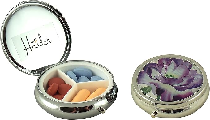Designer Pill Box by Houder - Decorative Pill Case with Gift Box - Carry Your Meds in Style (Purple Flower)