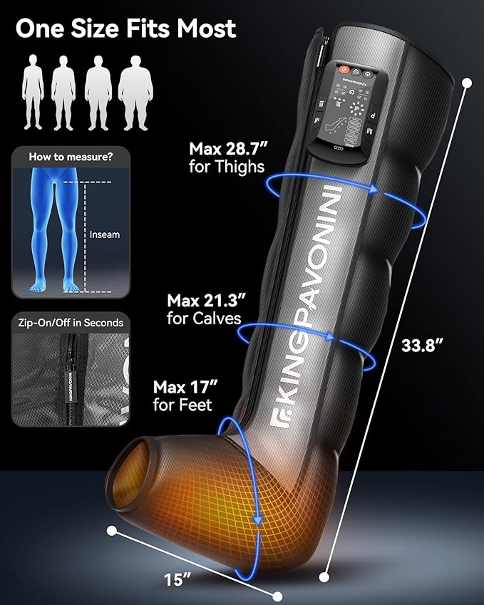 KingPavonini Cordless Leg Compression Massager with 5 Overlapping Chambers & 3 Foot Heat, 4500mAh Leg Massager for Circulation and Pain Relief, 19 Modes & 8 Intensities, Recovery Boots for Athletes