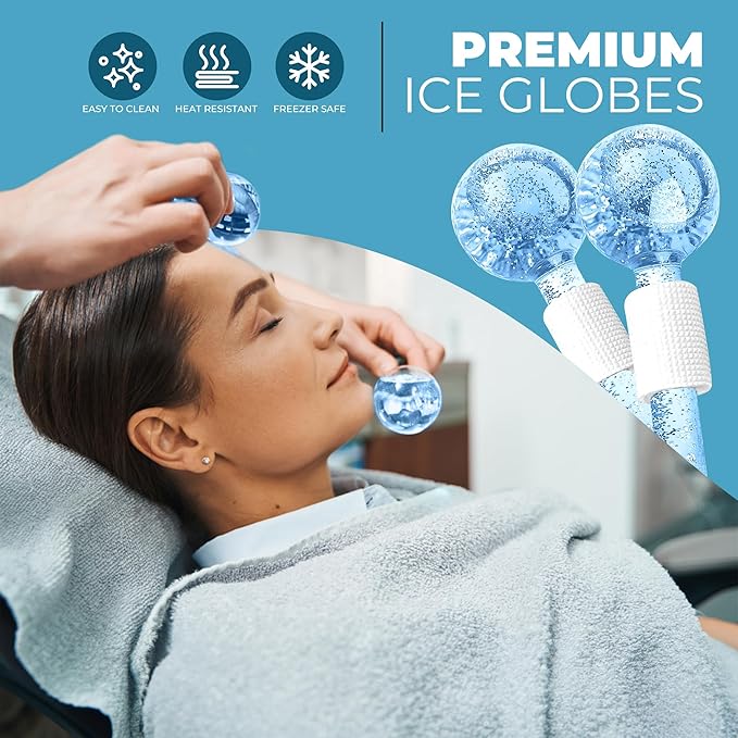 Ice Globes for Face 2Pcs – Freezer Safe Ice Globes for Facials, Skin Tightening & Anti-Aging – Reusable Facial IceGlobes to Reduce Puffiness & Wrinkles of Face, Neck & Eyes– Blue