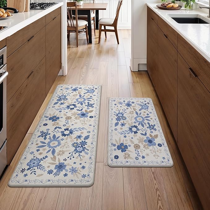 GENIMO Kitchen Mats for Floor 2PCS, Cushioned Kitchen Rugs Non Slip Washable, Farmhouse Anti Fatigue Mat Waterproof, Comfort Standing Mat Rug for Office, Home, Laundry, 17.3"x47"+17.3"x30", Beige&Blue