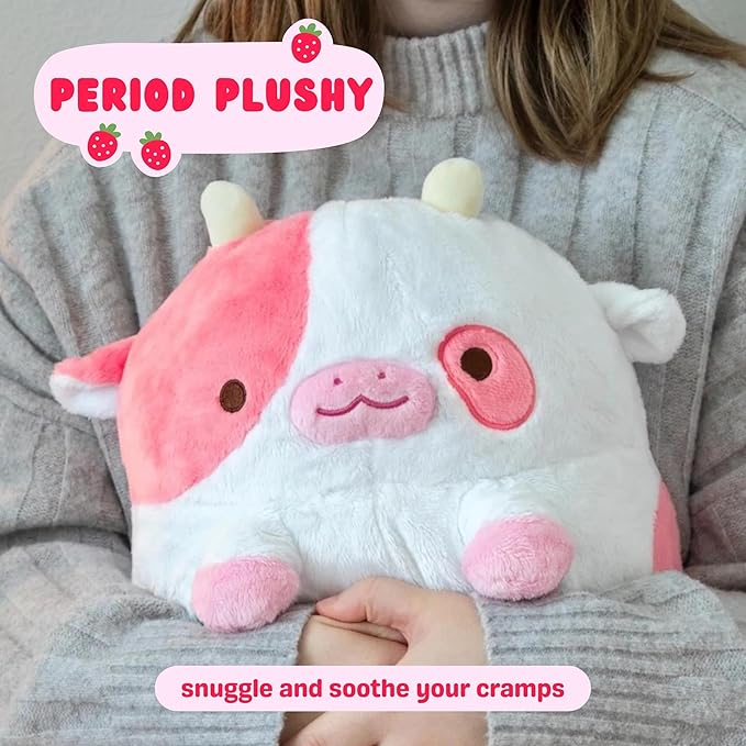Heatable Strawberry Scented Cow Plush for Period Cramp Relief & Emotional Support, Microwavable Soft Toy Plushies, Coolable Stuffed Animal for Anxiety, Cute Heating Pad for Pain Relief
