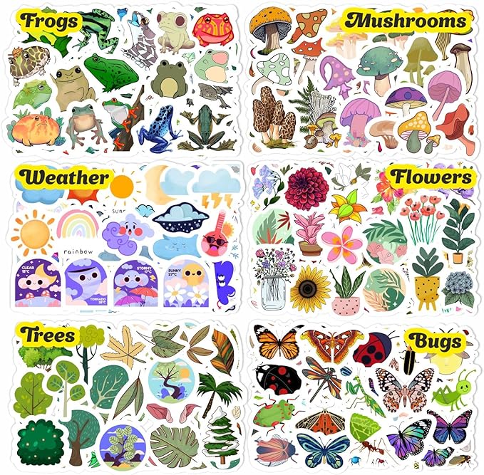 BulbaCraft Nature Stickers - Flowers, Mushrooms, Leaves, Plants, Insects & Bugs Stickers, Nature Party Decoration & Favors, Gifts for Women & Men