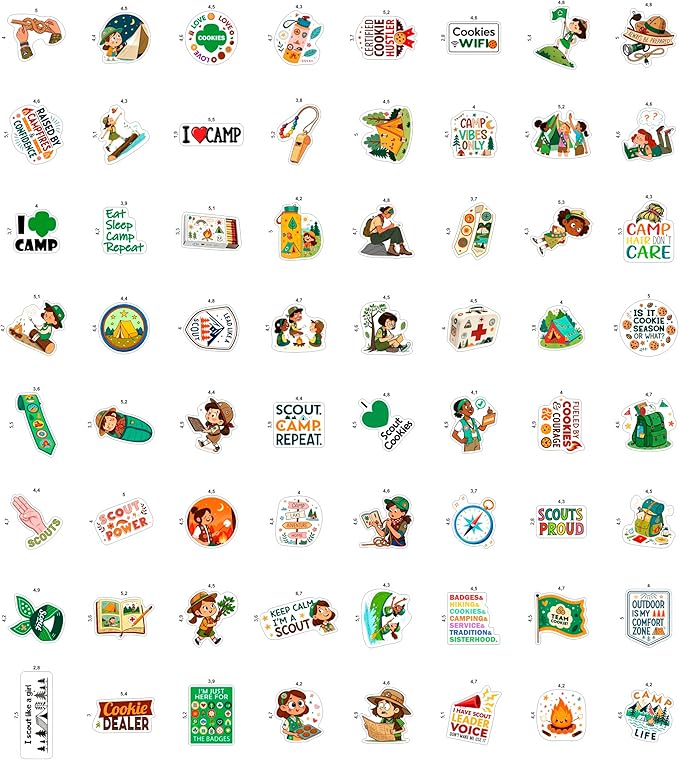 100Pcs Camping Girl Stickers for Water Bottle, Laptop - Cookie Dealer Stickers - Camping Party Supplies & Gifts for Girl - Outdor Adventure Decals - Gift for Women & Men