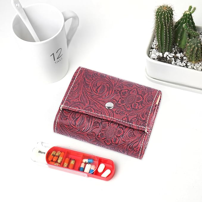 Pill Organizer,Haecsfl Weekly Travel Pill Case Box Medication Reminder Daily AM PM, Day Night 7 Compartments,for 4 Times A Day, 7 Days a Week-Includes Leather PU Carrying Case(1-Carved Red)