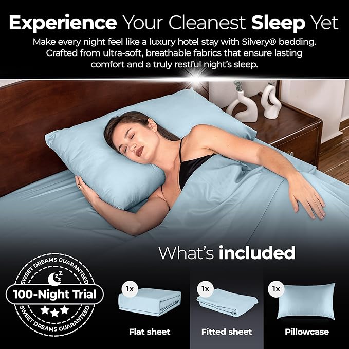 Silvery Silver Infused Bed Sheets Set - Ultra-Soft Temperature-Regulating Fabric with Self-Cleaning Technology™ That Stays Fresh 3X Longer for Hygienic Sleep