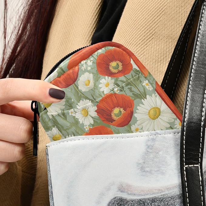 Poppy and Daisy Flowers Green Travel Pill Organizer Case Box Container Weekly Portable Vitamin Medicine Holder Storage Bag with Zipper Removable