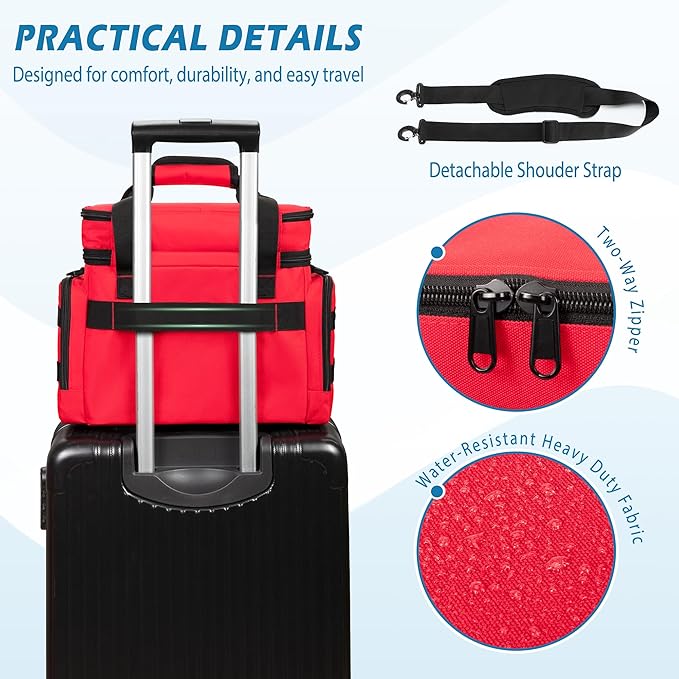 Medicine Organizer Bag with Insulated Pocket for Travel, Pill Bottle Storage Bag with 4 Customized Dividers & Shoulder Strap for Medication, Insulin and First Aid Supplies, Red (Bag ONLY)