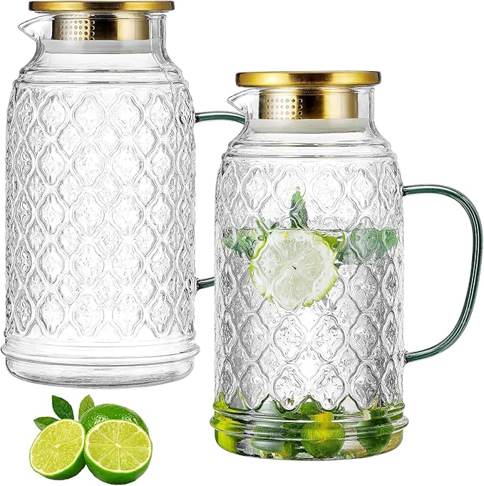 Glass Pitcher with Lid, 2 PACK 84 oz/2.5L Liter Vintage Water Pitcher, Clear Borosilicate Glass Water Carafe for Cold Brew, Coffee, Lemonade, Iced Tea,Beverage, Heat Resistant