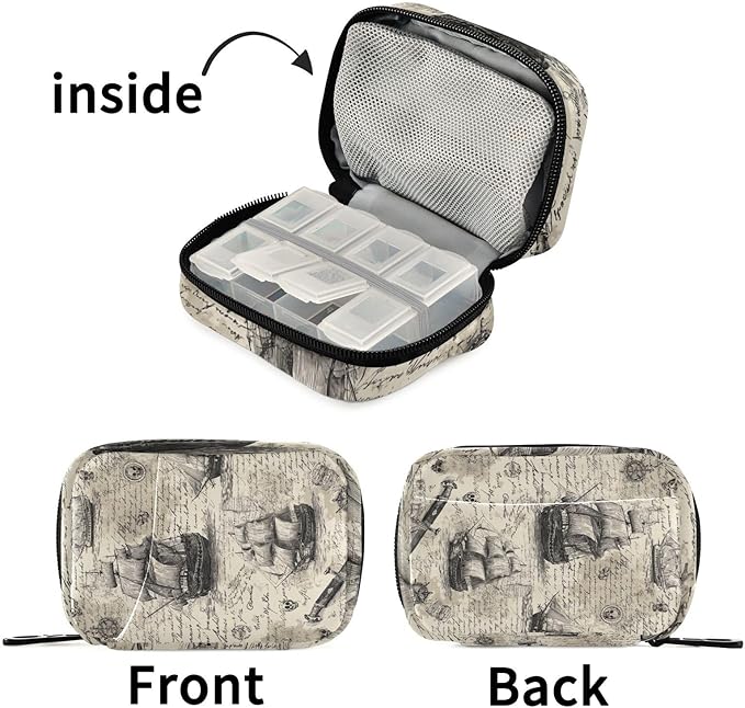 Beige Pirate Skull Flags Sailing Ships Travel Pill Organizer Case Box Container Weekly Portable Vitamin Medicine Holder Storage Bag with Zipper Removable