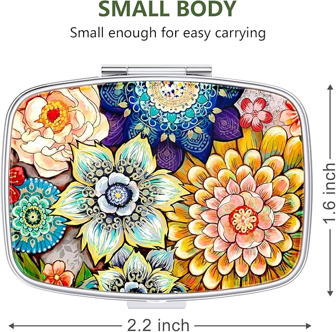 Nipichsha Pill Box, Small Pill Case for Purse & Pocket, Cute Travel Medicine Organizer, Portable Medicine Container Holder to Hold Vitamins, Medication, Fish Oil & Supplements, Mandala