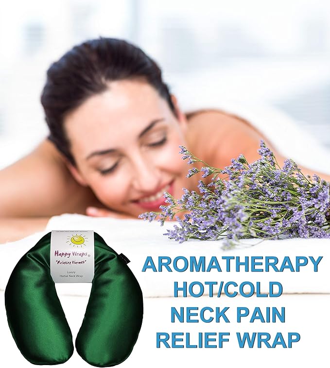 Microwavable Herbal Neck Wrap - Hot Cold Aromatherapy Neck Warming Pillow - Heating Pad for Migraines, Stress, Gifts for Women, Birthdays, Christmas and Free Sleep Mask - Jade Satin