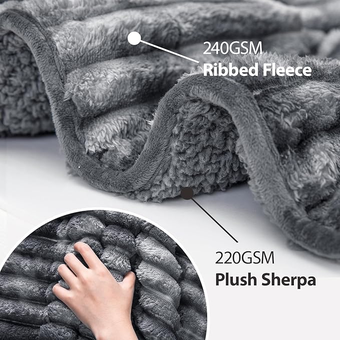Sherpa Fleece Weighted Blanket with 3D Ribbed Stripes, 15 lbs Soft Flannel Heavy Throw Blanket for Couch Bed Sofa, Heavy Thick Blankets with Glass Beads, Great for Sleep, 48" x 72"