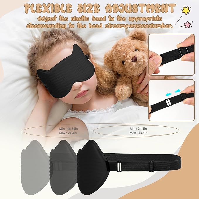 Kids Sleep Mask Eye Mask: 3D Contoured Cup Sleeping Masks, Blindfold with Adjustable Strap, Kids Eye Cover for Boys, Girls, Teens, Pressure-Free with Memory Foam Face Mask for Sleeping (Black)